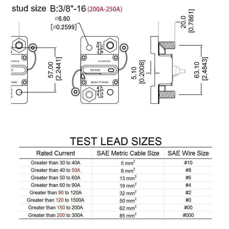 Hi-Amp 3/8“ Studs 200 Amp Circuit Breaker with Manual Reset Switchable for Boat Marine Car Audio Battery Solar System IP67, 12V - 48V DC, 200A Surface-Mount