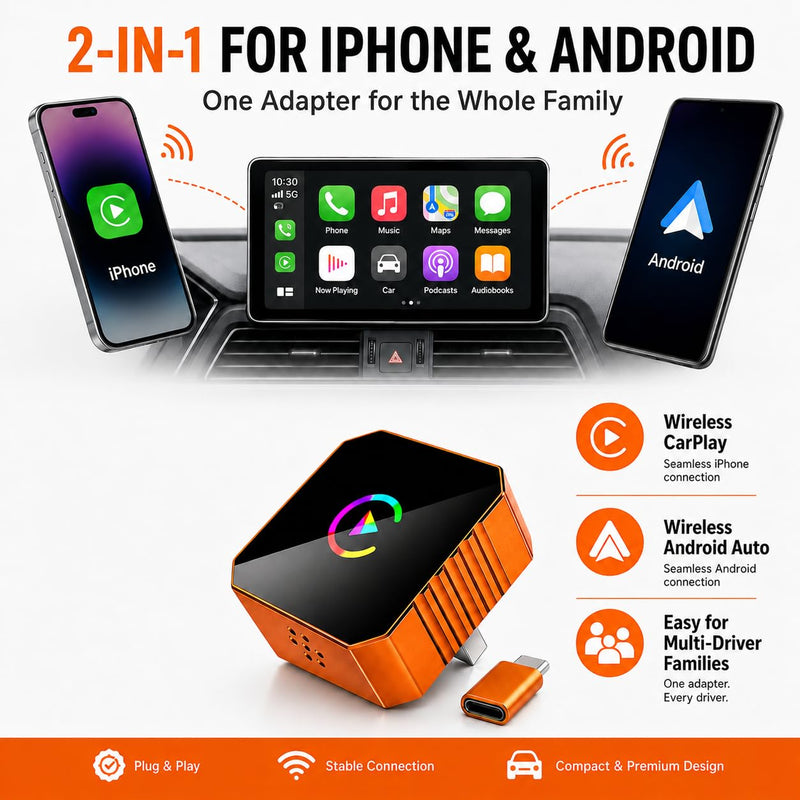 2026 Wireless CarPlay & Android Auto Adapter, 2-in-1, Dual-Band WiFi Fast auto-Connect, Vented Cooling and Plug-and-Play Setup for Vehicles with Factory-Wired CarPlay or Android Auto.Orange | Fast auto-connect, vented cooling and plug-and-play setup fo...