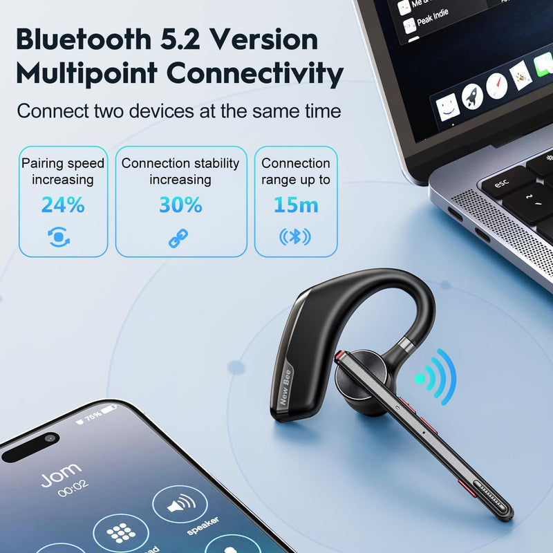 New Bee Bluetooth Headset, Dual Mic Noise Cancelling Bluetooth Earpiece | 80h Playtime, 500mah Charging Case,Crystal-Clear Calls, Bluetooth 5.2 Hands-Free Earphones for Office Driver 1 PACK
