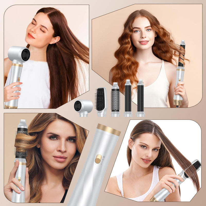 5 in 1 Air Styler, Magic Styler, 1000W Hair Styler with Auto Curling Wands, 2026 Upgraded Multi-use Ionic Hair Blow Dryer Brush Set for All Hair Type, 6,0000 RPM, Dry, Curl, Straighten Women Gifts White Gold-b