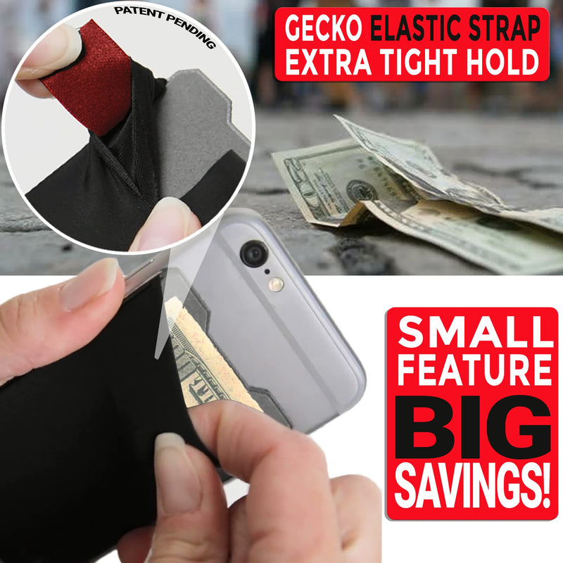Phone Wallet Double Pocket Gecko - Adhesive Card Holder - Cell Phone Pouch - Stick on Lycra Pocket by Gecko - Carry Credit Cards and Cash (BLACK-BLANK-) BLACK-BLANK
