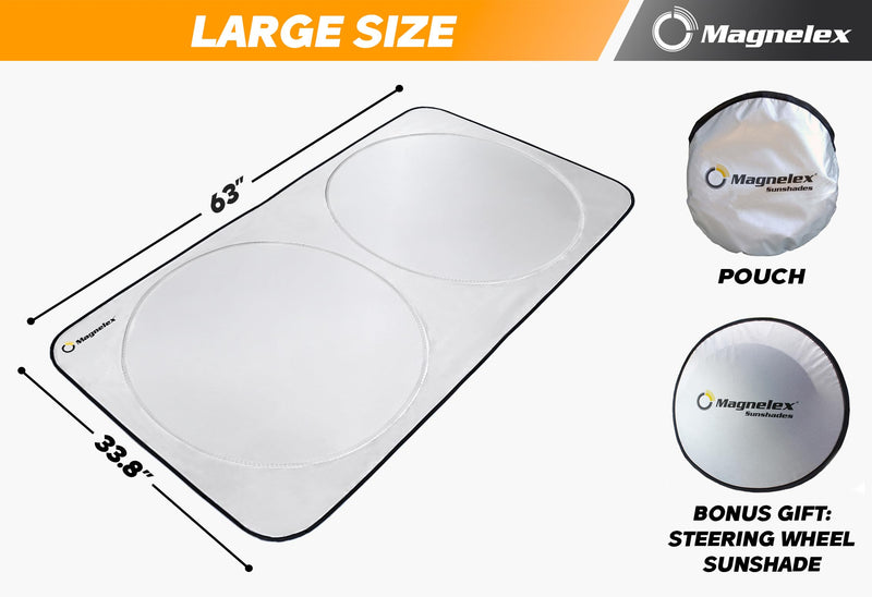 Magnelex Car Windshield Sunshade with Bonus Steering Wheel Sun Shade. Reflective Polyester Blocks Heat and Sun. Foldable Sun Shield That Keeps Your Vehicle Cool (Large 63 x 33.8 in) LARGE - (63" x 33.8")