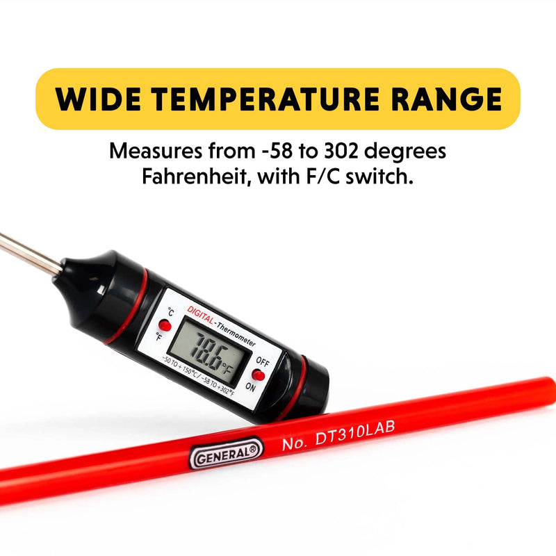 General Tools Digital Thermometer #DT310LAB, 8 Inch Extra Long Stainless Steel Probe, -58 to 302 degrees Fahrenheit (-50 to 150 degrees Celsius) Range with High and Low Alarms, Auto-Off Thermometer w/ 8-Inch Stainless Steel Probe