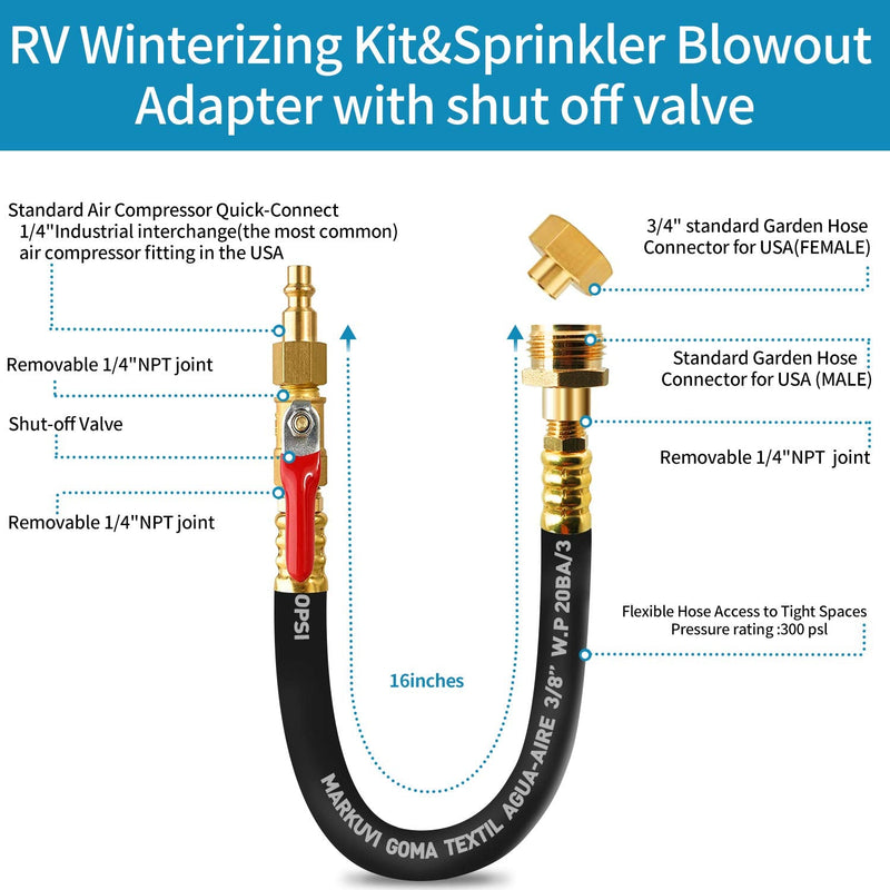 RV Camper Winterizing Kit, 16 Inches Sprinkler Winterization Kit with Shut Off Valve, RV Water Blowout Adapter Air Compressor Quick Connect kit for Winterize RV Motorhome, Boat, Camper, Travel Trailer Black