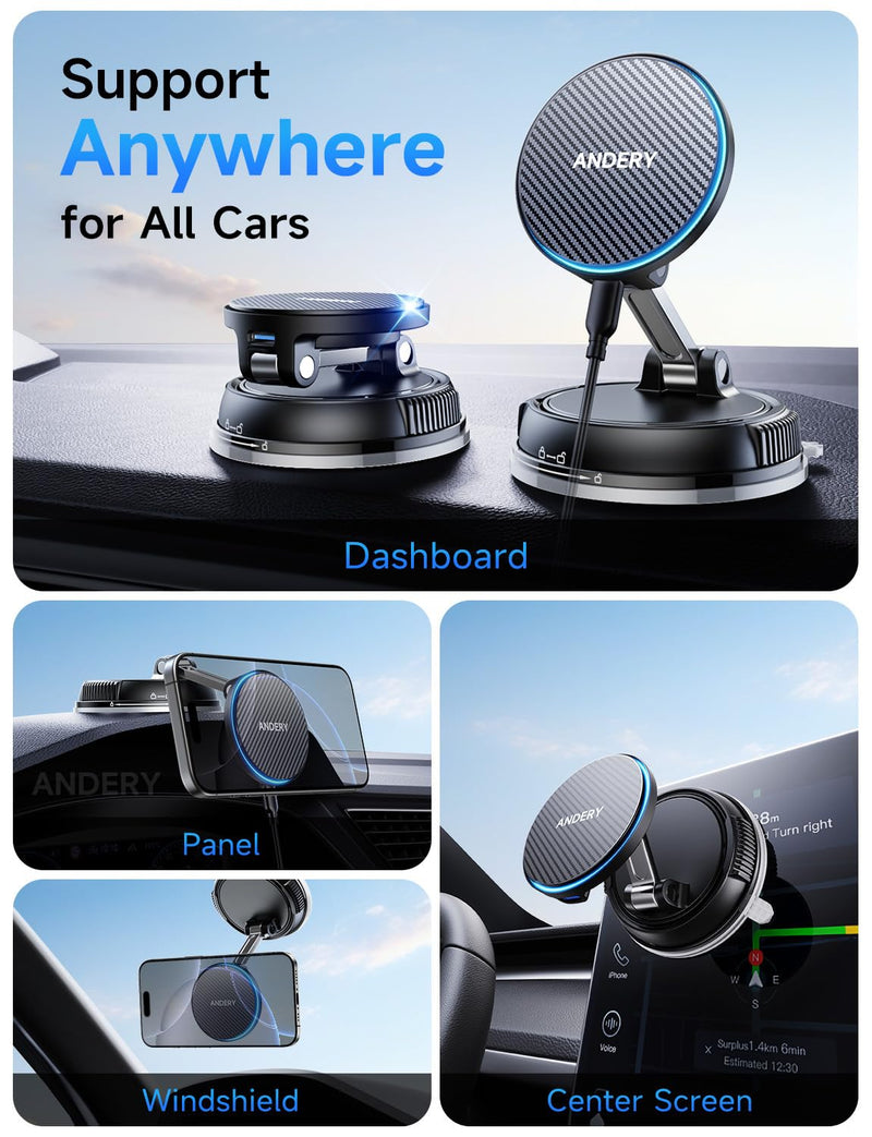ANDERY Only for iPhone Magsafe Car Mount Charger, 15W Fast Wireless Charge | [78+LBS Strong Suction & 2400gf Magnetic] 360° Adjustable Car Mount Phone Holder, Car Interior Accessory with Dashboard Pad Carbon Fiber