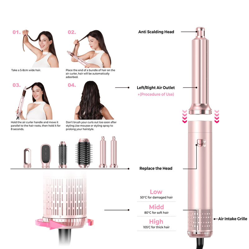 Atopskins Airbrush Hair Styler 6 in 1 Pro Air Styler Airbrush 6 in 1 Multi Styler with Blow Dry Hair Brush, Aircurler, Magic Hair Styler for Dry, Curl, Volumize, Straighten, Sleek in One Step White