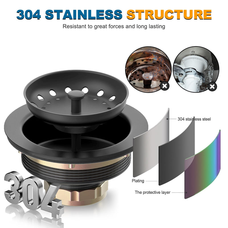 BOTEMY Stainless Steel Black Sink Drain Strainer Kit 3-1/2 inch Kitchen Drain Assembly with Metal Center Knob Basket Stopper Replacement for Standard Kitchen Sinks, Matte Black