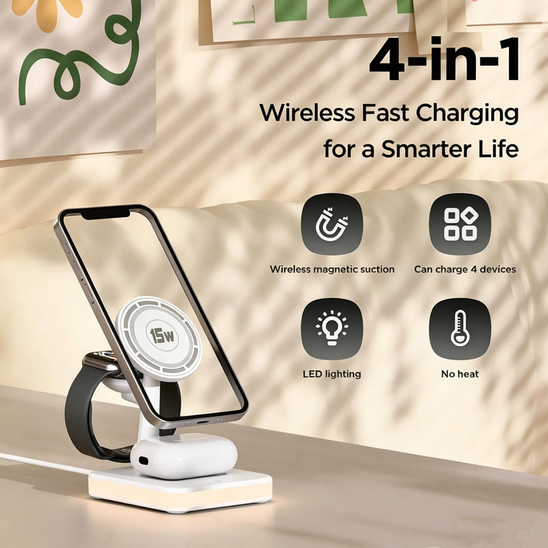 4-in-1 Magnetic Wireless Charging Station with LED Light for iPhone Series | Nightstand Wireless Charging Station for iPhone 13-17,Watch 10/9/8/7/Ultra 2/SE 2, Earbuds 4/3/2for Office Desk for Travel