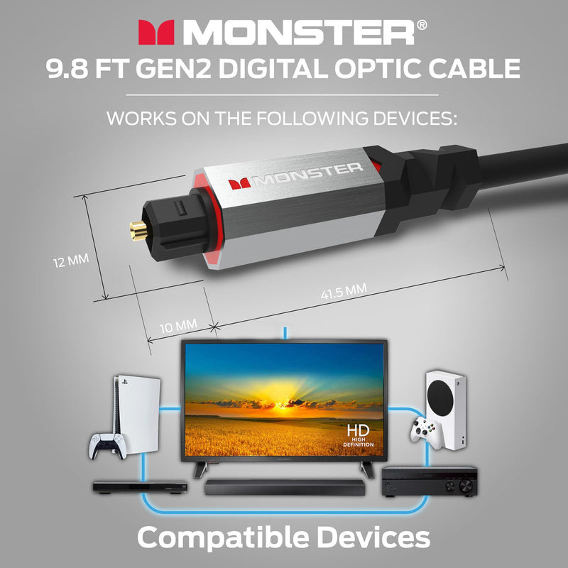 Monster Gen2 Essentials Digital Optical Toslink Cable, Sound Bar Optical Audio Cable with Gold Connectors, 9.8ft 9.8 Feet Digital Optic