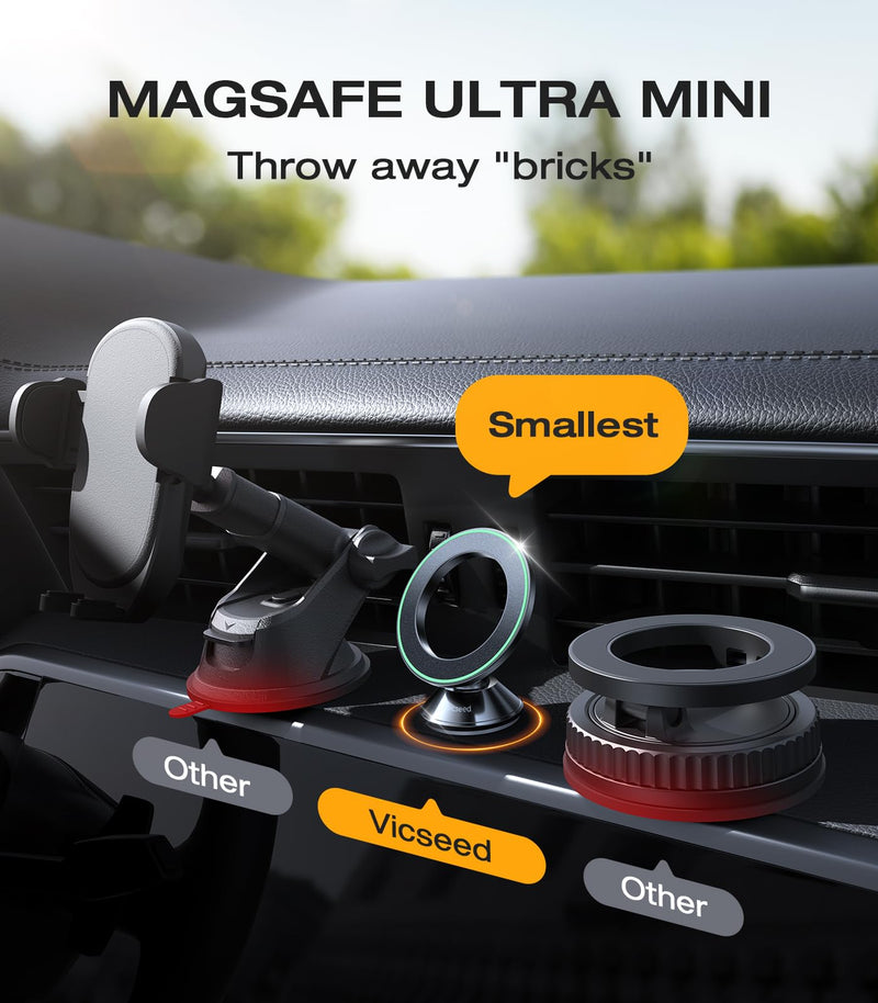 VICSEED Ultra Mini for MagSafe Car Mount Magnetic Phone Holder for Dash | All Metal, High & Low Temp Resistance, Strong Magnets, 360° Rotation Adjustable, for iPhone 17 Pro Max 16 15 14 13, Dashboard Flash Black