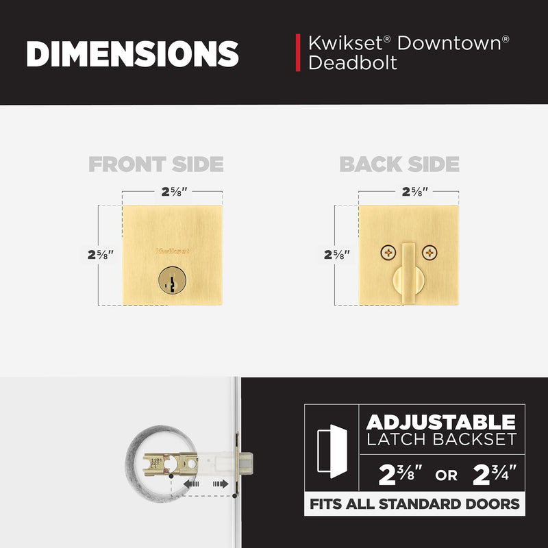 Kwikset Downtown Deadbolt Lock, Satin Brass Square Exterior Keyed Front Entry Door, Pick Resistant SmartKey Rekey Security, Single Cylinder Dead Bolt, with Microban Protection