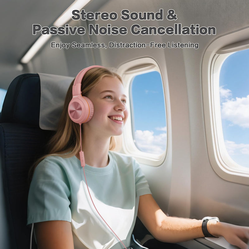 SIMOLIO Manyshare Kid Wired Headphones with Mic for School,USB-C &3.5mm | Over Ear Foldable Headset with Stereo Sound & HD Mic & Share Port, Noise Cancelling w/Pouch for Travel, iPhone,iPad,Tablet,PC Barbie Pink