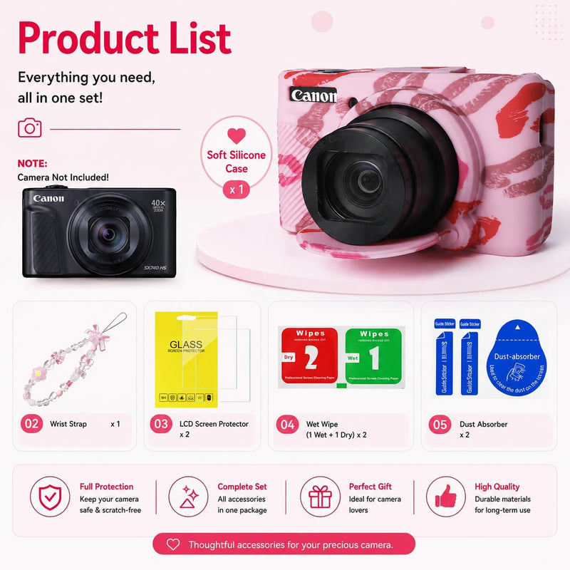 Cute Camera Case for Canon PowerShot SX740 HS/SX730 HS,Silicone Protective Cover with Removable Lens Cap,Wrist Strap & 2 Pack Tempered Glass Screen Protector for Women (Pink Lips) Pink Lips