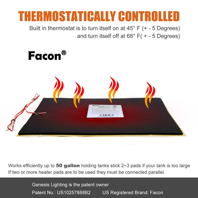 Facon 7-1/4" x 25" 12V RV Tank Heater Pad with Automatic Thermostat, QAI Certified, Prevents Freezing for Fresh, Grey, Black Water Tanks, Up to 50 Gallons 1 Pack