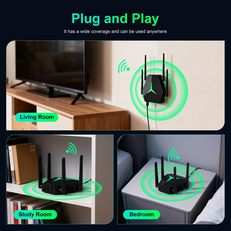 2025 AC1200 WiFi Range Extender, USB Dual Band 5GHz/2.4GHz WiFi Repeater with 3 Modes & 2 Ethernet Ports Cover up to 12000 Sq.ft, EX004 Internet Signal Booster for Whole Home, Plug and Play (Black) Black