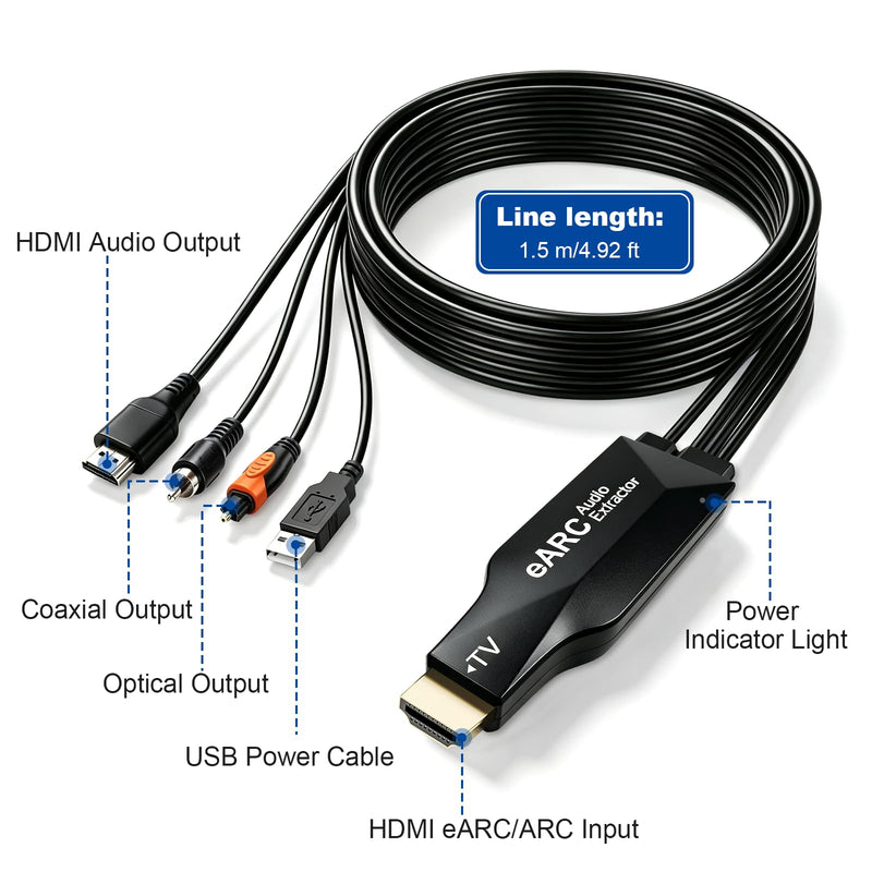 192 Khz HDMI ARC/eARC to HDMI Optical Coaxial Audio Converter Cable | 1.5 m/4.92 ft HDMI ARC/eARC Audio Extractor Cable for Soundbars Amplifiers and Speaker, Supports PCM 2.0, Dolby 5.1 & DTS 5.1