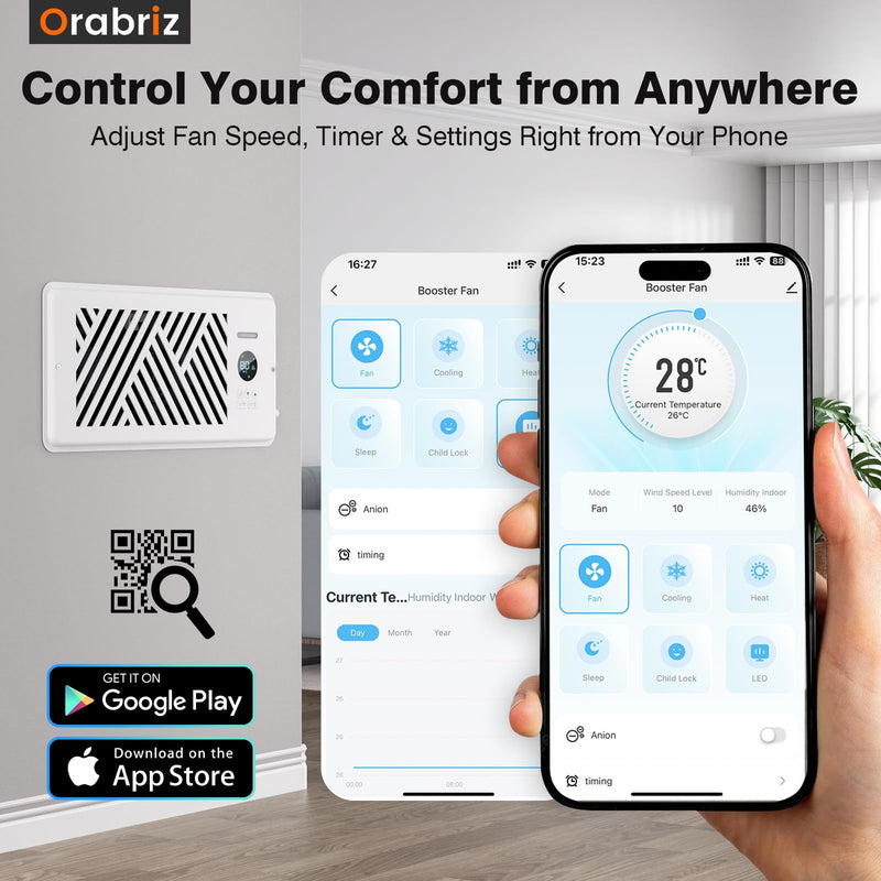 Smart AC Vent Booster Fan 4" x 10" Register with APP Control, Whisper-Quiet 120 CFM Airflow, Built-in Negative Ions, 10-Speed HVAC Vent Fan with Child & Pet Lock