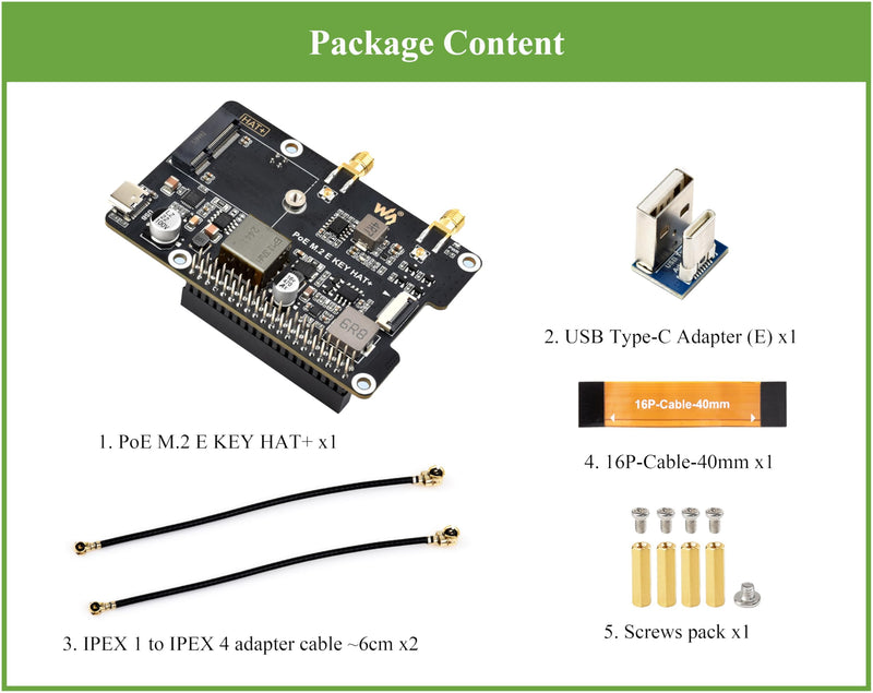 Pi5 PCIe to M.2 E Key Adapter with PoE Function Compatible with Raspberry Pi 5, Support 2230 Size NGFF (M.2 E Key) Wireless NIC-AX210/AX200/BE200/RTL8822CE and Gen2 and Gen3 Modes, HAT+ Standard