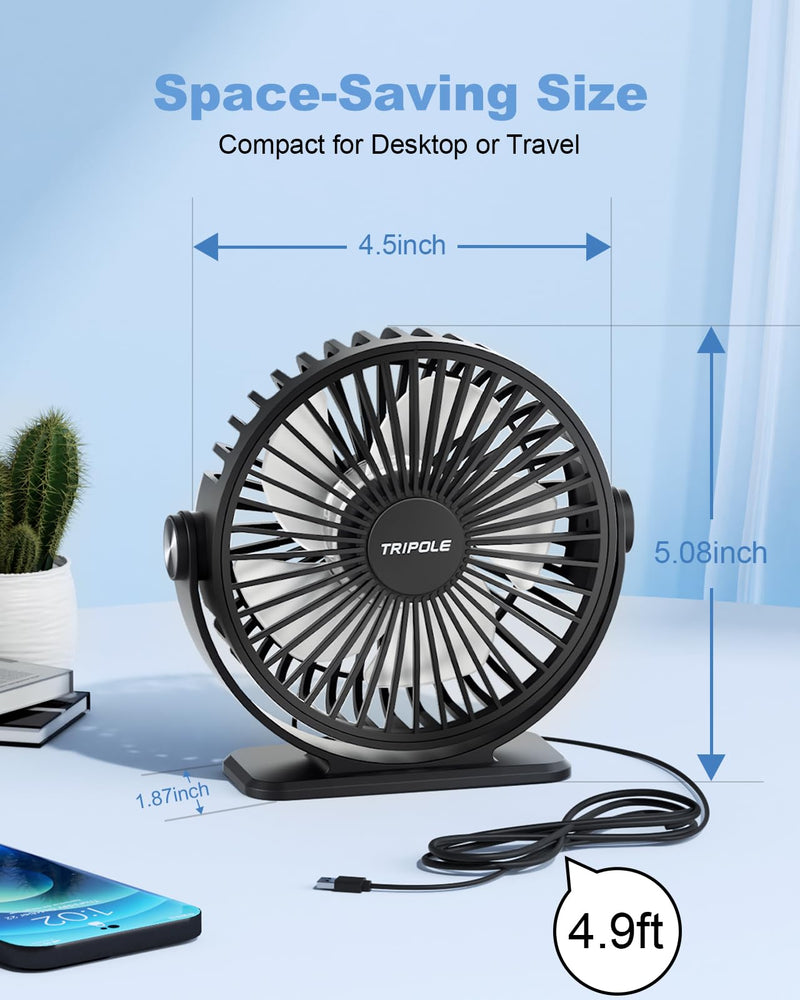 TriPole Desk Fan USB Powered Small Portable Fan, 3 Speeds Adjustable Strong Breeze Mini Personal Fan, 360° Rotation Quiet Plug In USB Fan for Desktop Bedroom Office Table Travel, Black, 4.9ft Cable