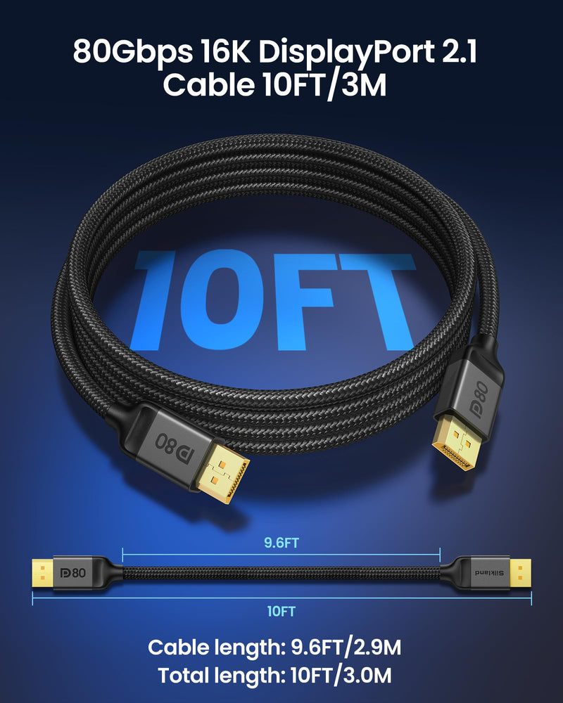 Silkland 80Gbps DisplayPort Cable 2.1 10FT/3M, [16K@60Hz, 8K@240Hz, 4K@540Hz 360Hz 240Hz] DP 2.1 Cable 16K, DP80 HDR DSC Display Port Cord Compatible DP 1.4 FreeSync G-Sync Gaming Monitor 5090 9070XT 10 Feet Grey