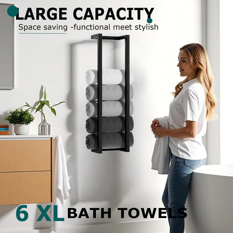 Towel Racks for Bathroom,VIDA-ZONE 304 Stainless Steel Towel Storage Racks for Rolled Bath Towels Can Hold 6-8 Large Towels,Wall Mounted 30 Inch Towel Organizer for Small Space Black Towel Holder