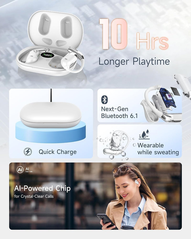 Ultra Open Ear Headphones, Over Ear Bluetooth Bone Conduction Earbuds | Bluetooth 6.1, LED Digital Display, 60H Playtime, IP55 Waterproof, Secure Earhooks for Running, Cycling & Workout Pearl white