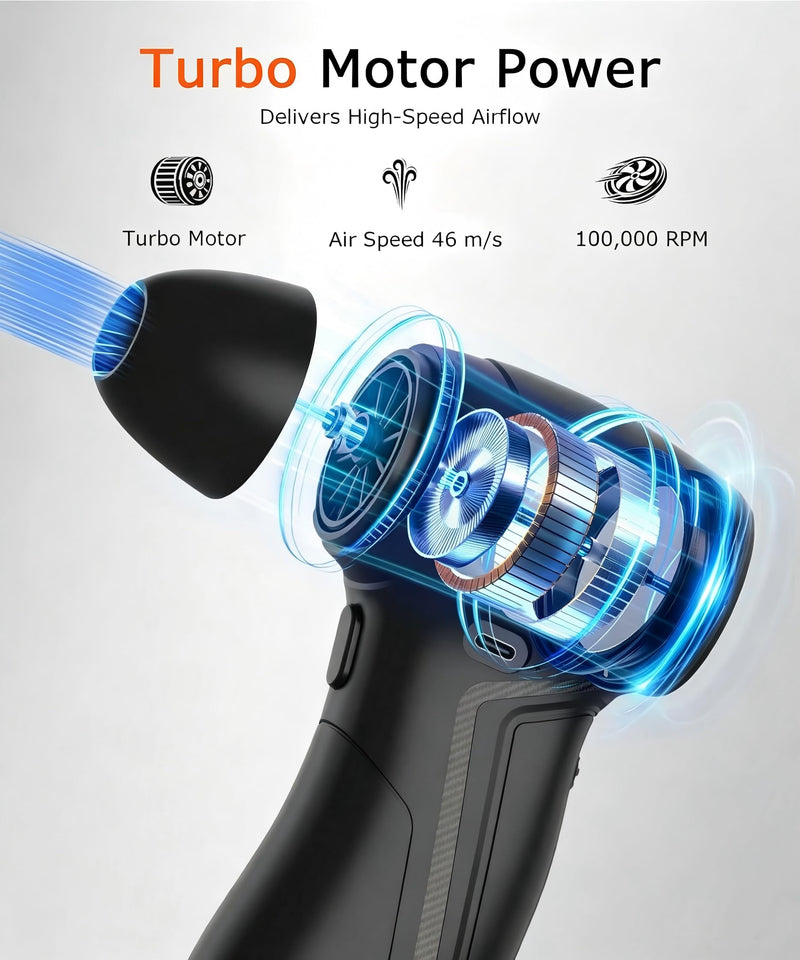 Compressed Air Duster, 100,000 RPM Turbo Fan, Mini Blower with Cleaning Bag and 4 Replacement Nozzles, for Keyboard, PC Repair Technician, Car Owner and House