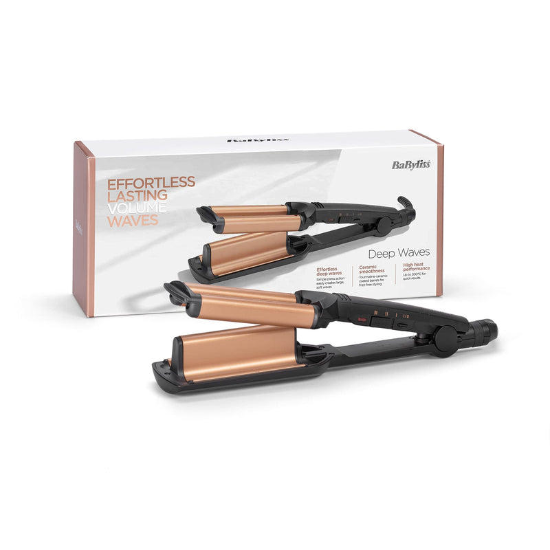  [AUSTRALIA] - BaByliss Deep Waves Hair Waver – Ceramic Coated Barrel, 3 Heat Settings (160°C-200°C), Frizz-Free Mermaid & Beach Waves, Fast Heat-Up – Black & Gold, 2447CU Single
