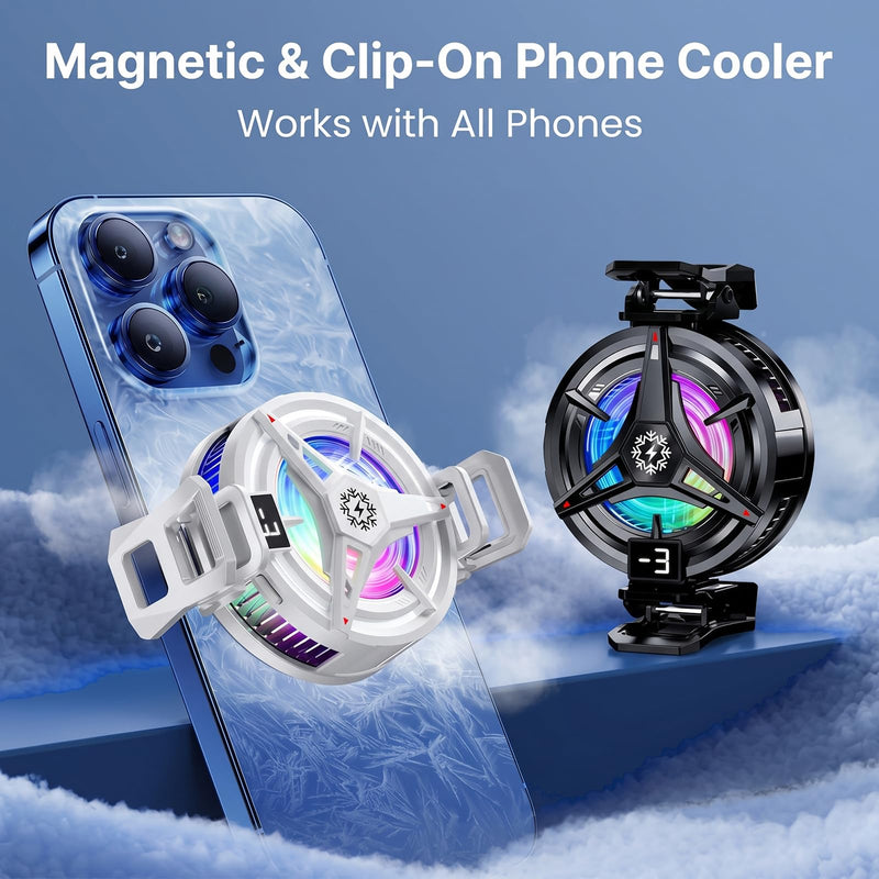 Magnetic Semiconductor Phone Cooler, 3-Speed Adjustable Gaming Phone Cooling Fan with RGB Light, Detachable Clip Phone Cooler for iPhone/Android, Portable Phone Radiator (Black) Black
