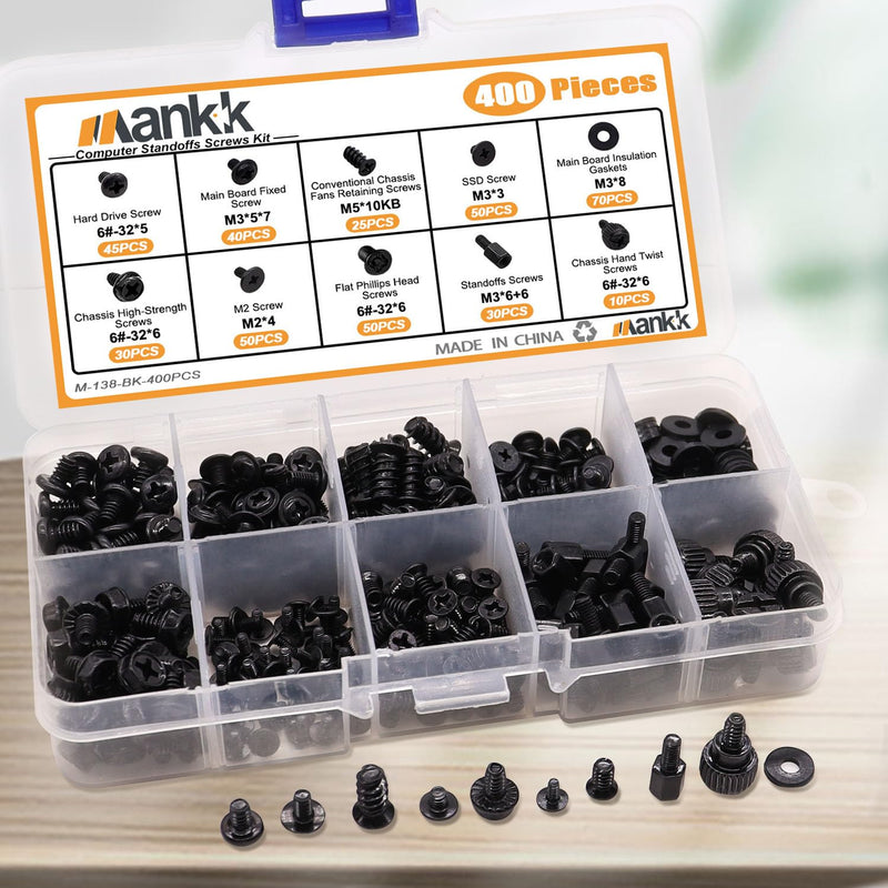 mankk 400PCS Computer Screws Motherboard Standoffs, PC Case, Fan, SSD, CD-ROM Screws for DIY PC Installation and Repair