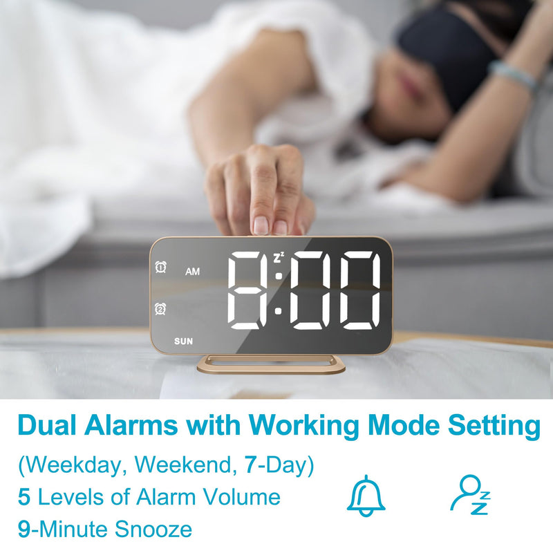 Slim LED Digital Alarm Clock, Mirror Surface for Makeup, with Diming, Large Display, Easy Setting, USB Charger Ports, Modern Bedroom, Desk, Office Living Room Decor, Christmas Birthday for Women Girl Gold