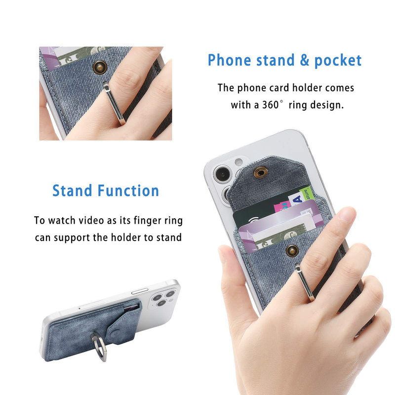 RFID Ring Stand Stick on Wallet for Back of Phone for iPhone Android and All Smartphones Adhesive Credit Card Holder for Cell Phone-Denim Blue … Denim Blue