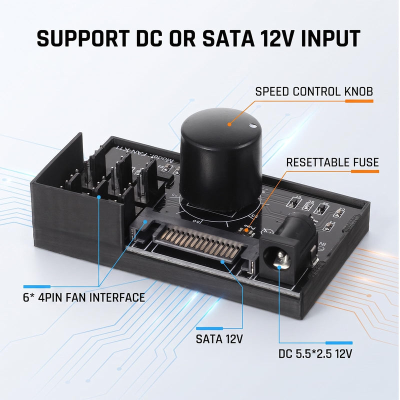 4 Pin 6 Fans Supported Pc Fan Controller 12V PWM Fan Controller | 60W/5A Adjustable Power Supply Fan Speed Controller by SATA and DC 5525, for 2/3/4-Pin Pumps PC Cases DIY Projects