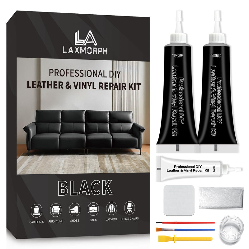 Black Leather Repair Kit for Furniture, Leather Vinyl Repair Kit for Car Interior,Couch, Jacket, and Purse - Fixes Tears, Burn Holes, and Scratches, Restores Any Material, Bonded, Pleather, Genuine black