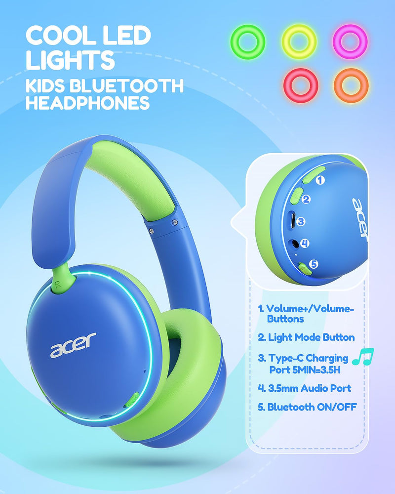Acer OHR727 Kids Bluetooth Headphones Travel, Over‑Ear Comfort Design | 85dB Safe Volume, 110H Playtime with LED Lights, Bluetooth 6.0, Built-in Mic, for iPad Tablet Travel School Blue Green