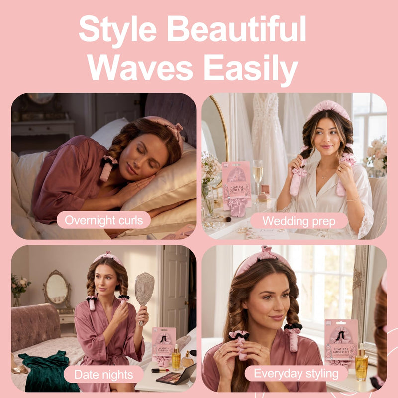 Heatless Curler Set for Long and Short Hair, Satin Hair Roller with Clip and 2 Scrunchies, No Heat Curling Rod, Overnight Waves for Women and Teenage Girls, Pink or Black