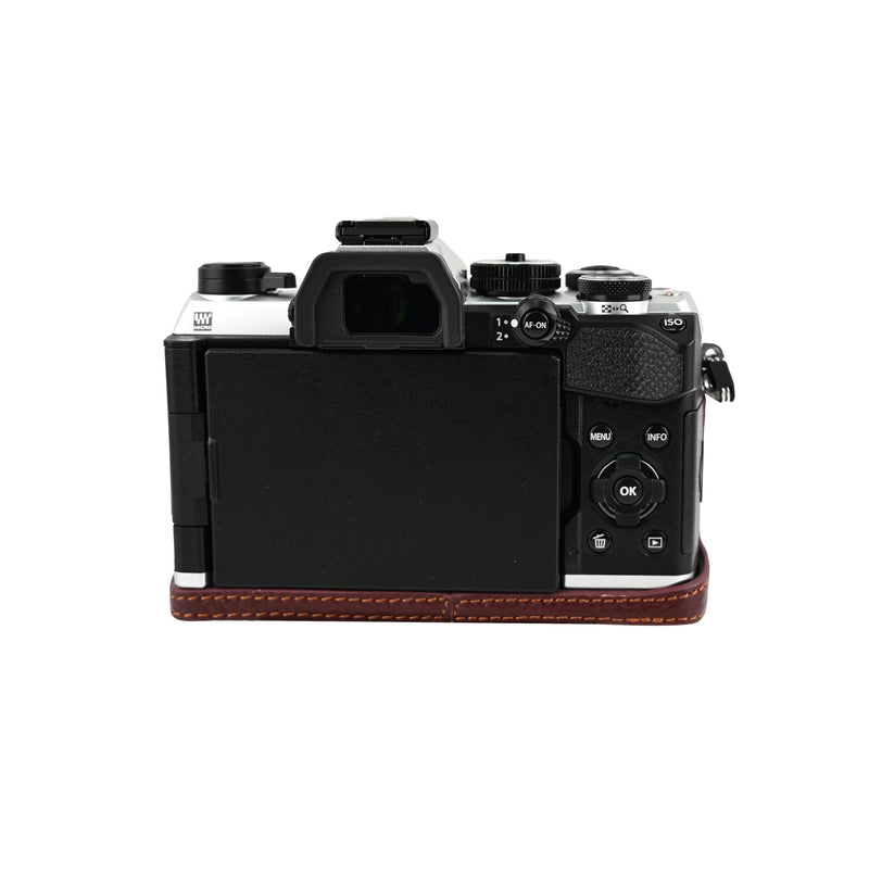 OM-5 Mark II Case, Litchi Handmade Genuine Real Leather Half Camera Case Bag Cover for Olympus System OM-5 Mark II Bottom Opening Version + Neck Strap (Brown) Brown