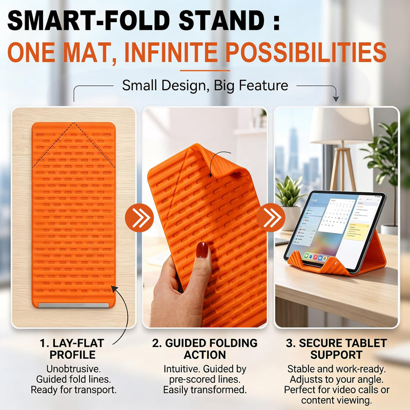 1PCS Flexible Silicone Phone Stand Holder, Foldable Adjustable Cell Phone Stand, Portable Anti Slip Airplane Phone Holder for Bed, Office, Kitchen, Travel, Compatible with Smartphone, Tablet（Orange） Orange