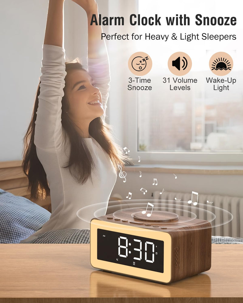 Alarm Clock with Wireless Charging, Bluetooth Speaker, White/Brown Noise Sound Machine Night Light, Wooden Digital Alarm Clocks for Bedrooms, Wireless Charger for iPhone, Birthday Gifts for Men Women
