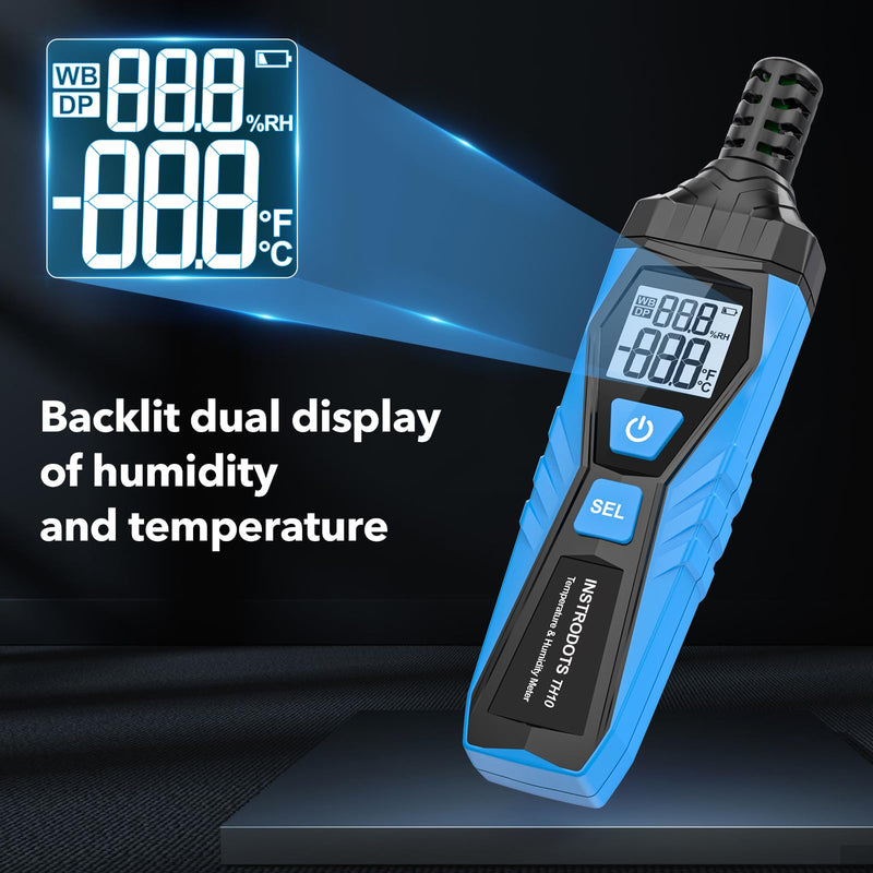 Temperature Humidity Meter - Handheld Thermometer Hygrometer with Ambient, Dew Point, Wet Bulb, High Precision Wet Bulb Thermometer, Dual Display Temperature & Humidity with LCD Backlight Blue TH10