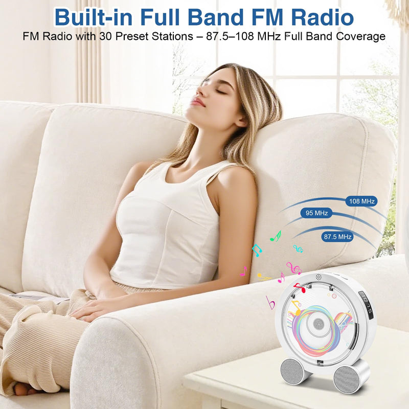 Portable CD Player with Bluetooth, Boombox Built-in 4000mAh Rechargeable Battery, FM Radio, 5 EQ Modes, Remote Control, Sleep Timer, AUX/USB – Compact Portable Radio, Great Gift for Kids, Family