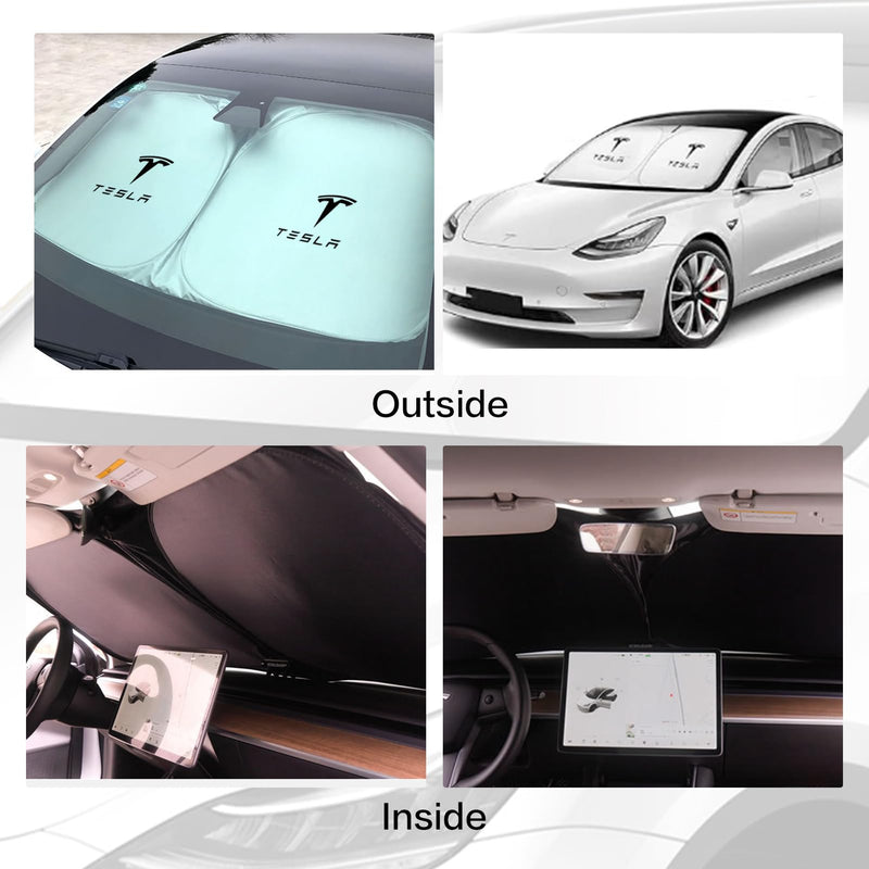 300T Sunshade for Tesla Model Y Model 3, Car Accessories 2025 for Tesla, Front Window Sunshade with Organizer Bag, Gifts for Tesla Owners (Black) Black