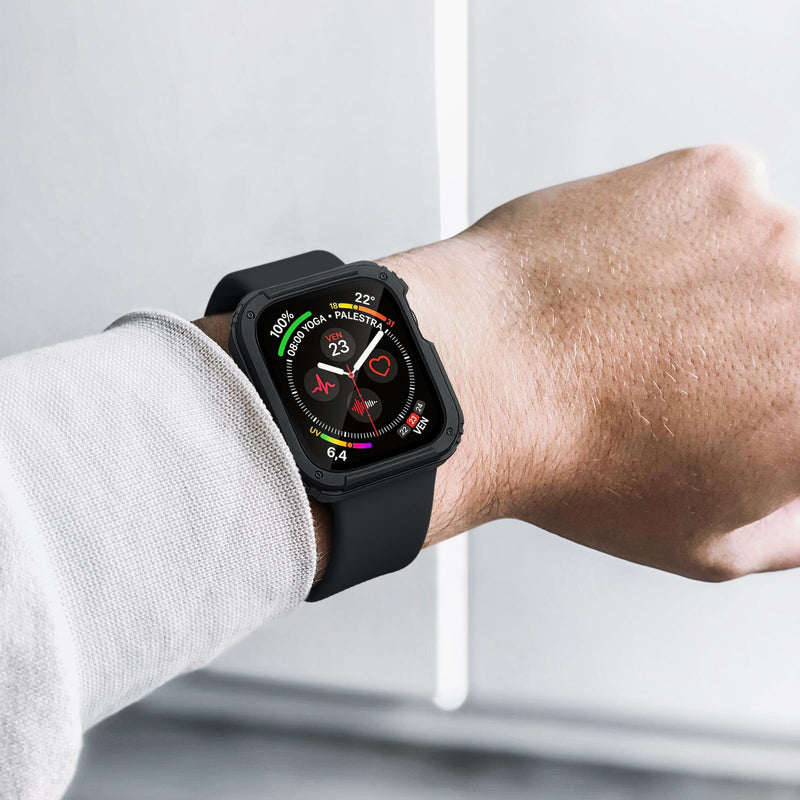 3-in-1 Silicone Band and Rugged Case Compatible for Apple Watch Bands 44mm 45mm 46mm 42mm 40mm 41mm, Sport Strap and Protective Cover with Screen Protector for iWatch Series 11 10 9 8 7 6 5 4 SE3 Black Series 6/5/4/SE 44mm