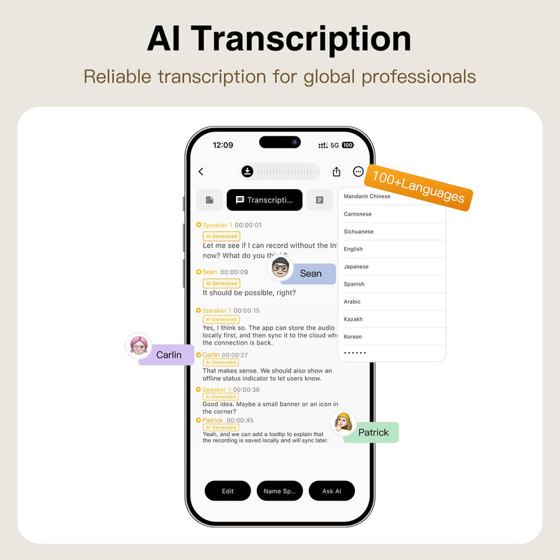 AI Voice Recorder with Transcribe & Summarize for Meetings, Study & Work | AI Note Taker for Productivity, 100+ Languages, 360° Magnetic Phone Stand, Edit Speakers, 1TB Cloud Multi-Device Sync Black