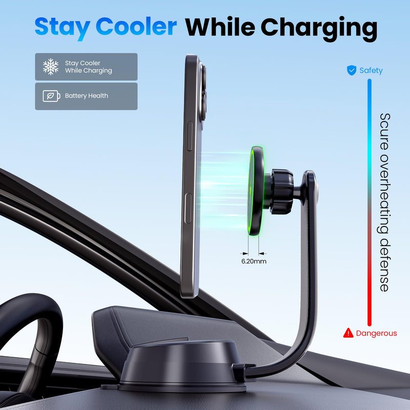 Upgrade [Qi2-Certified] 15W for MagSafe Wireless Car Charger Mount, 2XFast Charging[90+LBS Safe Suction] Magnetic Phone Holder Dashboard Windshield for iPhone 17/16/15/14/13/12 Pro Max (Iron) Iron