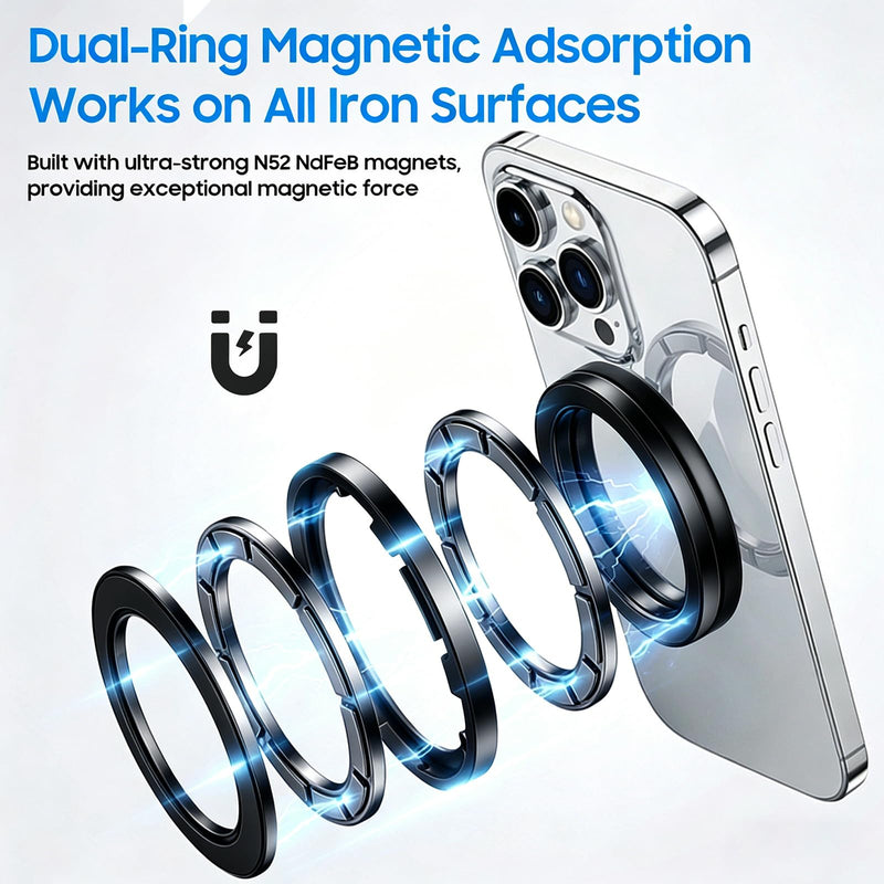 Double-Sided Magnetic Ring Holder [2026], Magnetic Wall Mount, Detachable Phone Mount for MagSafe Cases, Hands-Free Selfies and Videos for iPhone and Android (Black) Black