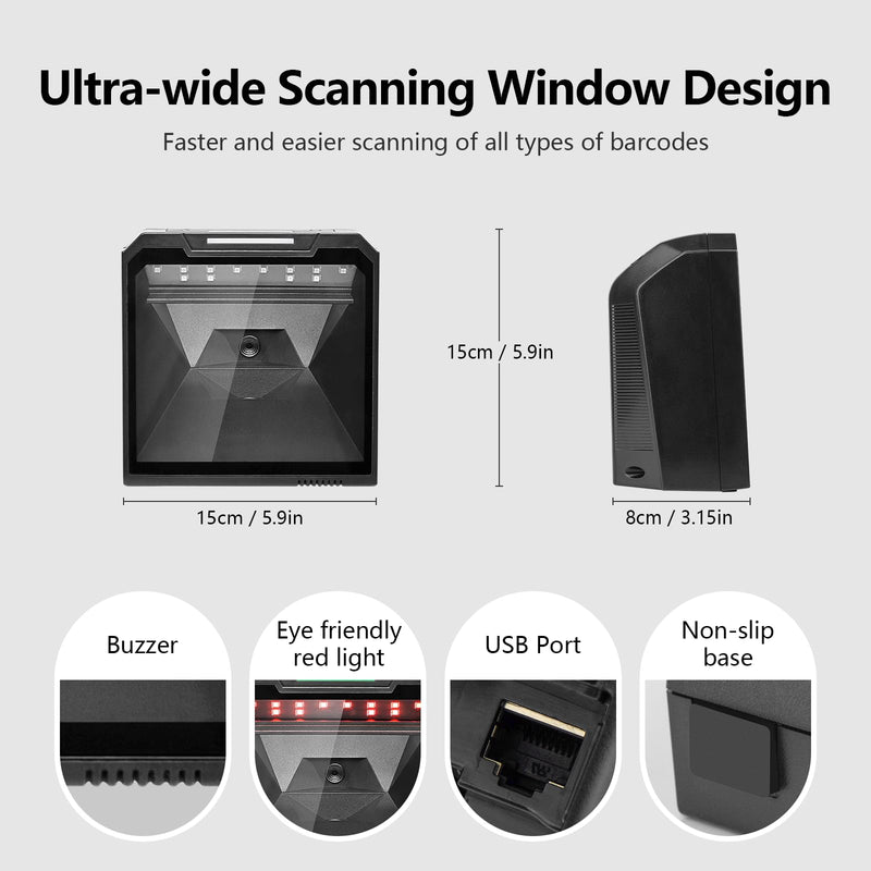 OBZ 1D 2D QR Desktop Barcode Scanner Omnidirectional Hands-Free USB Wired Barcode Reader 1D 2D PDF417 Barcode Scanner Automatic Sensing Scanning for POS PC Retail Store Supermarket Bookstore
