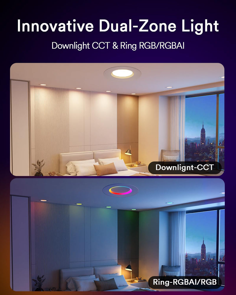 Lumary Smart Retrofit LED Recessed Lighting 5/6 Inch w/RGB Ring, ETL RGBAI Retrofit Can Light CCT Dimmable, Wi-Fi Bluetooth Connect, 66 Scenes Mode, Work with Alexa Google, CRI 90 1000Lm, 1 Pack 1Pack