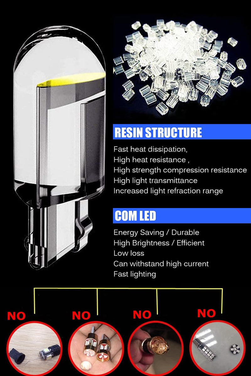 194 LED Light Bulb White 6000K Pack of 10, 168 2825 W5W T10 Wedge COB LED Replacement Bulbs Error Free for Car Dome Map Door Courtesy License Plate Lights