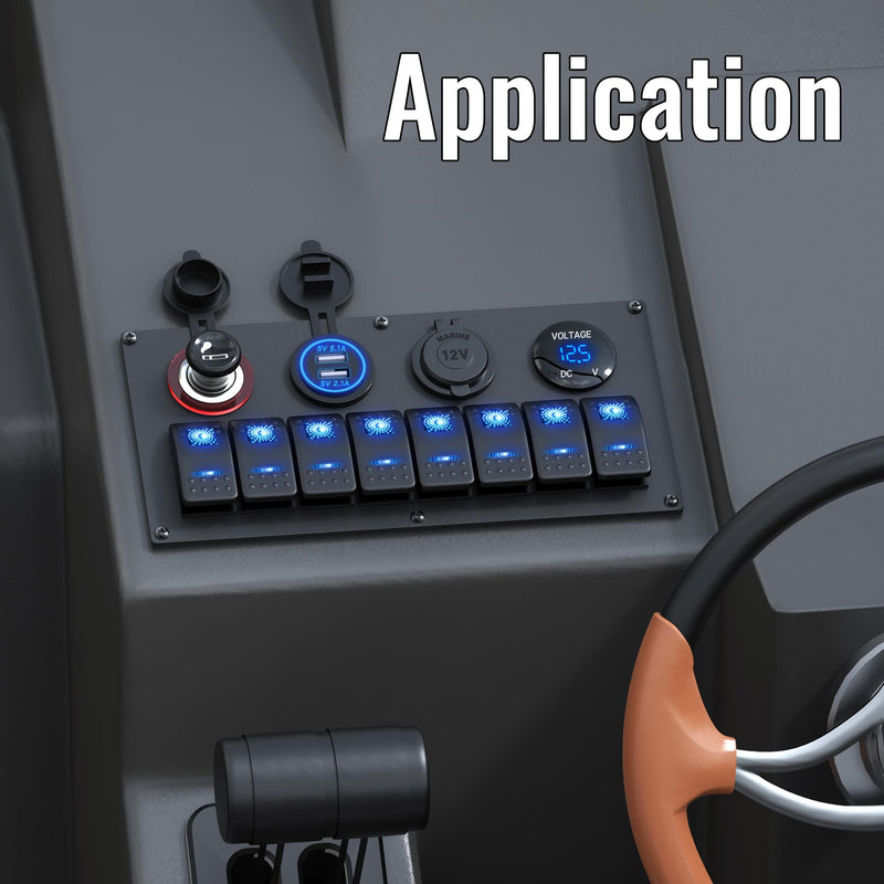 RVBOATPAT Marine Boat Switch Panel Waterproof 8 Gang 12V Rocker Switch Panel 12 Volt Toggle Switch Panel Blue LED Lighted for Automotive Car Truck 8 Gang Switch Panel